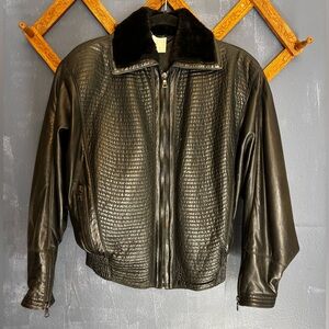 Vintage Gianni Versace Black Textured Leather Bomber Jacket